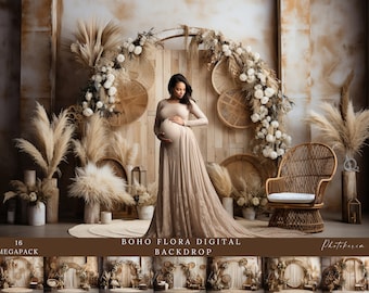 Beige Boho Mutterschaft Backdrops: Blumen Hochzeit Overlays (Digitaldruck)