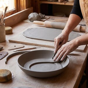 May include: A gray clay bowl being shaped on a wooden workbench. A strip of gray clay is being pressed into the interior base of the bowl with a metal tool. Nearby are various pottery tools, including a rolling pin, sponges, and clay slabs.