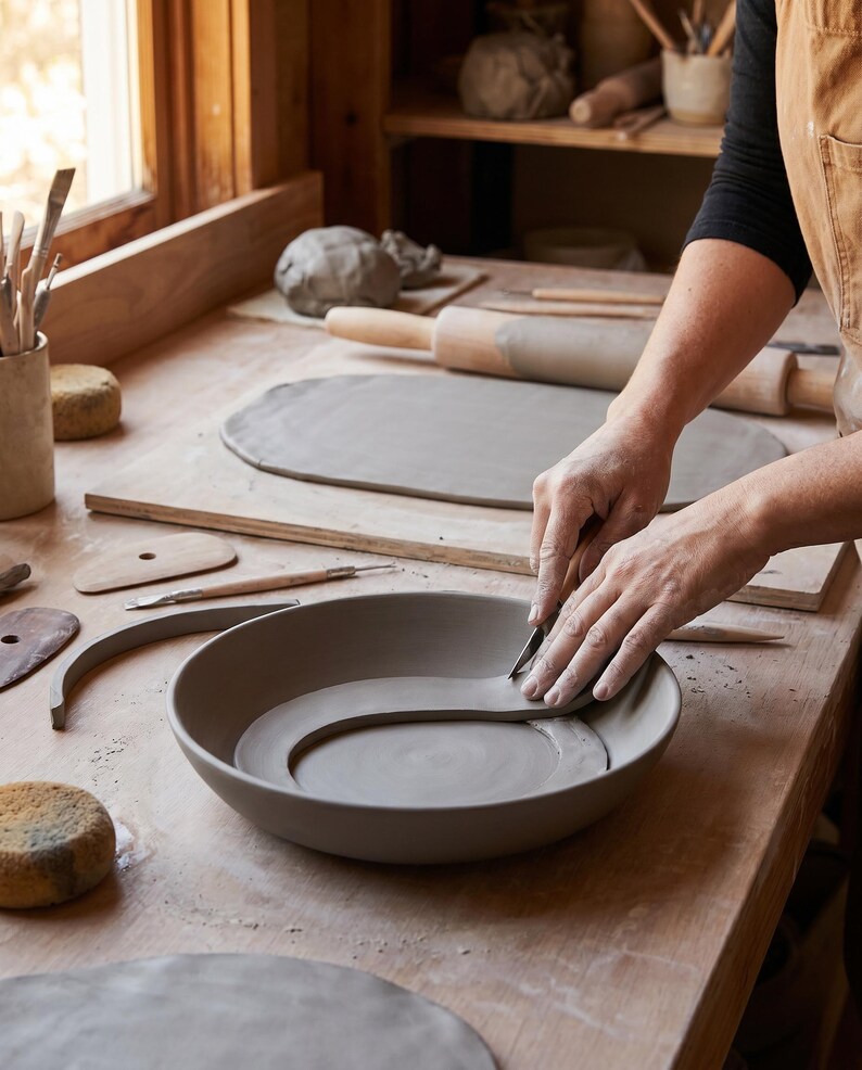 May include: A gray clay bowl being shaped on a wooden workbench. A strip of gray clay is being pressed into the interior base of the bowl with a metal tool. Nearby are various pottery tools, including a rolling pin, sponges, and clay slabs.