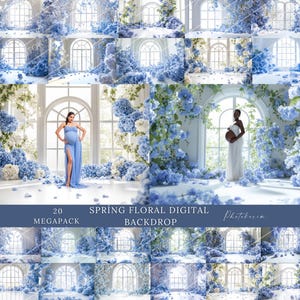 May include: A digital backdrop featuring a white room with a large window and blue hydrangea flowers. The backdrop is perfect for photographers and digital artists.