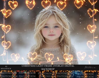 Photo overlay for portraits, heart bokeh Christmas lights frame, festive retouching, fairy glow (JPG)