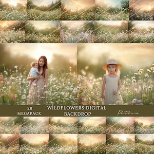 May include: A digital backdrop pack of 20 images featuring a field of wildflowers with a soft, golden light. The images are perfect for photographers looking to create beautiful and natural-looking backdrops for their photos.