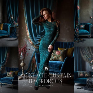 Vintage Blue Curtain Digital Backdrops, Maternity Backdrop Overlays, Studio Backdrop Overlays, Fine Art Textures, Photoshop Overlays