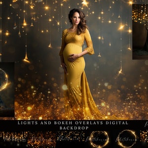 May include: A digital backdrop featuring a pregnant woman in a yellow dress standing in front of a background with sparkling lights and bokeh effects. The text "Lights and Bokeh Overlays Digital Backdrop" is at the bottom of the image.