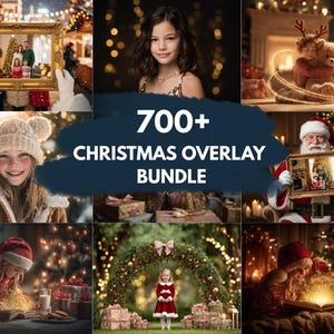 May include: A collection of Christmas-themed images, including a young girl, Santa Claus, and festive decorations. The images are bundled together, with the text "700+ Christmas Overlay Bundle" displayed prominently. The overall aesthetic is warm and inviting, perfect for holiday projects.