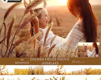 May include: A mother and daughter are playing in a field of golden wheat. The sun is setting in the background, casting a warm glow on the scene. The image is a photo overlay, perfect for adding a touch of nature to your photos.