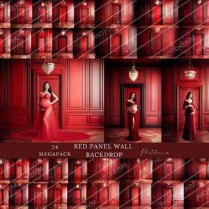 Red Panel Wall Backdrop, Luxury Red Room Background, Elegant Panel Wall Backdrop, Maternity Photoshoot Background, Digital Studio Backdrop