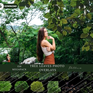 Puede incluir: Una mujer con una blusa blanca y una falda marrón se encuentra en un exuberante bosque verde. La imagen es un paquete de superposición de fotos con el texto "TREE LEAVES PHOTO OVERLAYS" y "150 MEGAPACK".