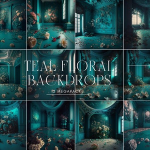 Teal Floral Room  Digital Backdrops, Maternity Backdrop Overlays, Studio Backdrop Overlays, Fine Art Textures, Photoshop Overlays
