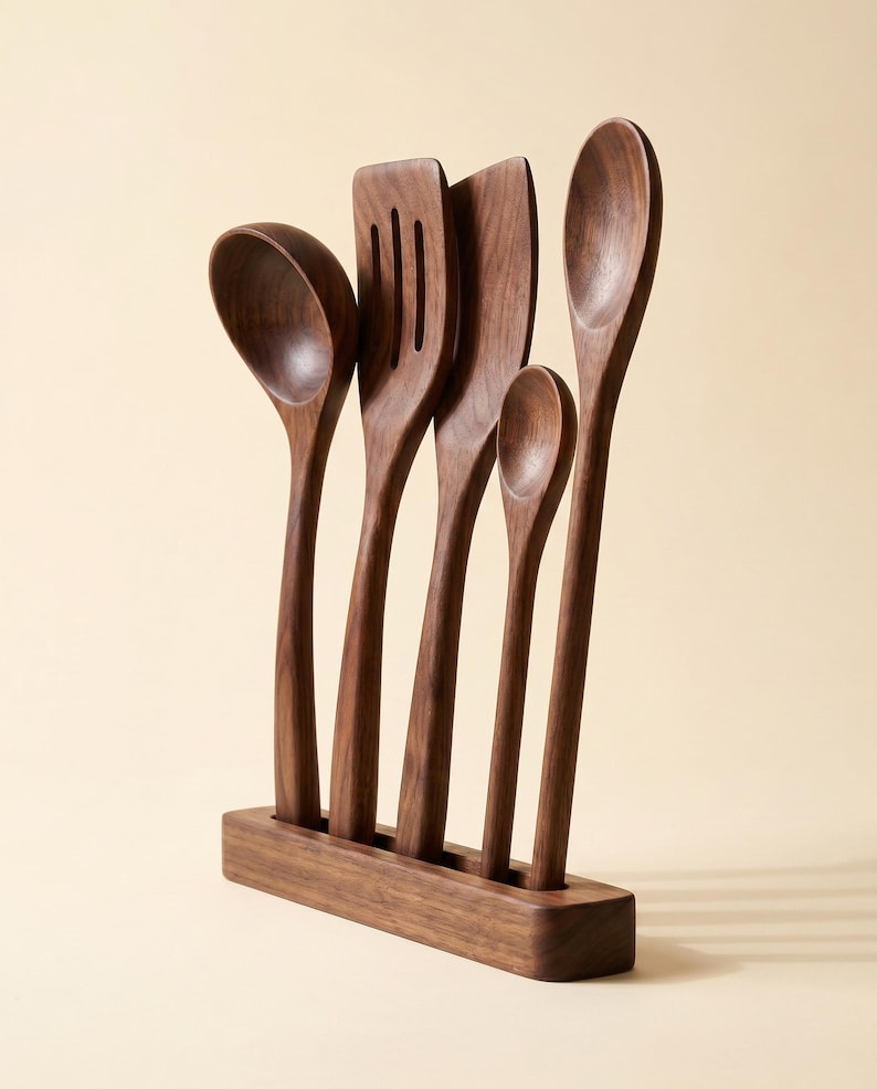 May include: A set of five wooden kitchen utensils, including a ladle, slotted spatula, solid spatula, small spoon, and large spoon, displayed in a wooden holder. The utensils are made of dark brown wood and have a smooth finish. The holder is rectangular.
