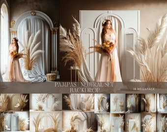 Toiles de fond numériques neutres pour studio : superpositions de photographies d'herbe de la pampa (téléchargement numérique)