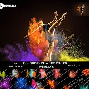 Peut inclure: Une femme en justaucorps noir danse dans un nuage de poudre colorée. La poudre est dans des tons de violet, orange, jaune et bleu. L'image est intitulée "84 superpositions de photos de poudre colorée Mega Pack".