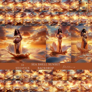 Può includere: Uno sfondo digitale con 33 immagini di una donna incinta in piedi in una conchiglia su uno sfondo di tramonto. Lo sfondo è etichettato "Sea Shell Sunset Backdrop" e "33 Megapack".