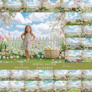 May include: A digital backdrop featuring 25 images of a white picket fence, pastel coloured Easter eggs, and spring flowers. The images are perfect for creating a spring-themed photo shoot.