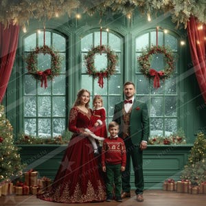 May include: A family poses in a festive Christmas setting. The scene includes a decorated Christmas tree, wreaths, and a backdrop of a snowy landscape. The family is dressed in holiday attire, with the mother in a red gown and the father in a green suit.