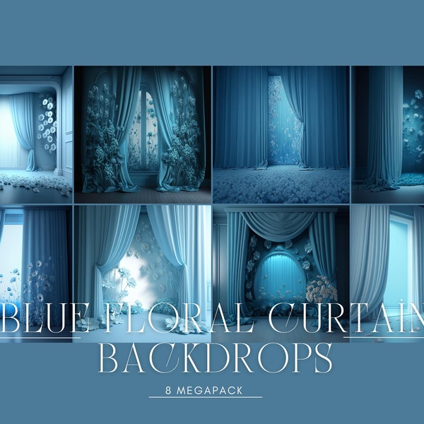 8 Blue floral sheer curtain wall decor Background, Digital Backdrop, Portrait photo texture, wedding lights backdrop, Photoshop Overlays,