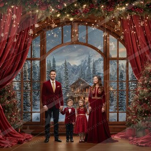 Pode incluir: Uma família posa em frente a uma grande janela com uma cena de montanha de inverno. Os adultos usam jaquetas e vestidos de veludo vermelho, as crianças com roupas combinando. A cena é decorada com luzes de Natal e uma árvore de Natal.