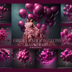 Girls Gender Reveal Balloon Backdrop: 8 Pink Photo Overlays (Digital Download)
