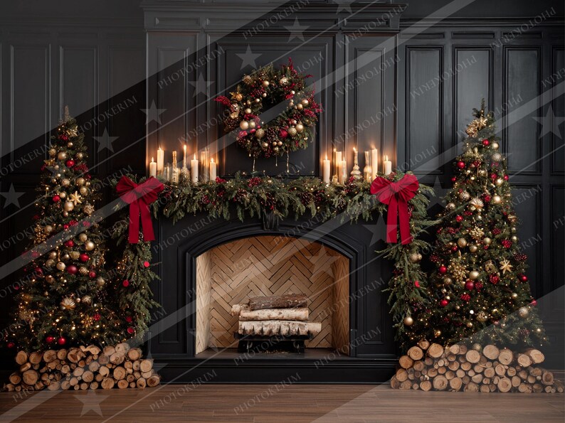 Black Fireplace: Christmas Backdrop for Studio Minis, Family Portraits ...
