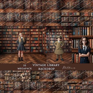 May include: A digital backdrop featuring a vintage library setting with bookshelves filled with books. The backdrop is ideal for photographers and digital artists looking to create a classic and elegant atmosphere for their images.