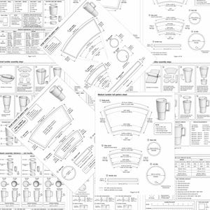 Może przedstawiać: Zbi&oacute;r białych arkuszy papieru ze szczeg&oacute;łowymi diagramami i wymiarami do budowy kubk&oacute;w. Arkusze zawierają pełne arkusze wzor&oacute;w, etapy montażu i schematy komponent&oacute;w. Schematy przedstawiają projekty kubk&oacute;w z uchwytami i pokrywkami.