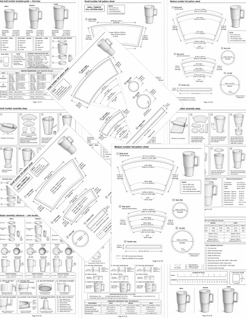 Może przedstawiać: Zbi&oacute;r białych arkuszy papieru ze szczeg&oacute;łowymi diagramami i wymiarami do budowy kubk&oacute;w. Arkusze zawierają pełne arkusze wzor&oacute;w, etapy montażu i schematy komponent&oacute;w. Schematy przedstawiają projekty kubk&oacute;w z uchwytami i pokrywkami.