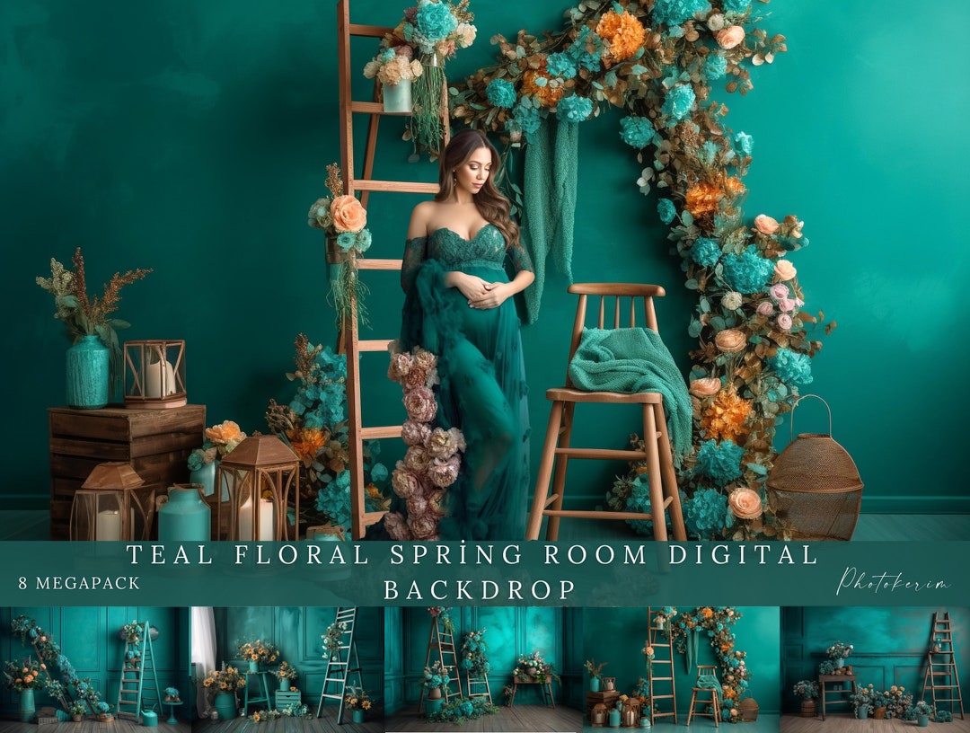The Ladder Teal Floral Room Digital Backdrops, Maternity Backdrop ...