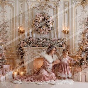 May include: A Christmas scene with a mother and child in matching pink dresses. The room is decorated with two Christmas trees, a fireplace, and a wreath, all in shades of pink and gold. Presents are placed around the trees.