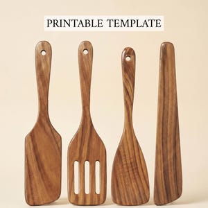 May include: Four wooden kitchen utensils: a spatula, a slotted spatula, a spoon, and a turner. The utensils are made of a light brown wood with visible grain. The text "PRINTABLE TEMPLATE" is printed in a white rectangle above the utensils.