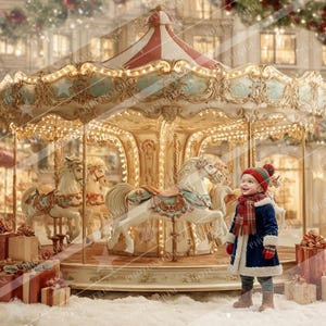以下が含まれることがあります： クリスマスをテーマにした画像。メリーゴーランドが中心で、ライトアップされた馬と赤と白のストライプのキャノピーがあります。冬服を着た子供が近くに立っています。プレゼントやクリスマスツリーも見えます。