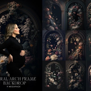 Dark Floral Arch Frame Digital Backdrops, Maternity Digital Backdrops, Fashion Digital Backdrops for Photoshop Composites