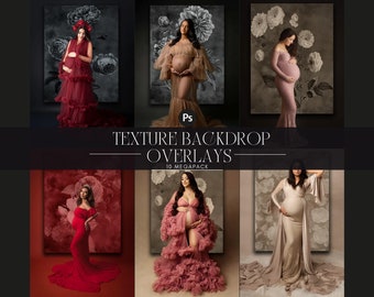 May include: A set of 10 digital backdrop overlays featuring floral designs and pregnant women in various poses. The overlays are perfect for photographers and graphic designers who want to create beautiful and unique maternity portraits.