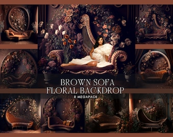 8 Brown floral Sofa Dıgıtal Background, Maternity Backdrop Overlays, Studio Backdrop Overlays, Fine Art Textures, Photoshop Overlays