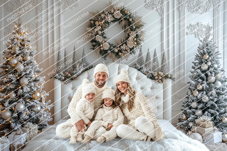 Christmas Backdrop for Family Portraits, White Bedroom Set, Wreath ...