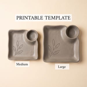 May include: Two square gray ceramic plates with rounded edges and a circular side compartment. Each plate features an embossed leaf design. The plates are labeled as Medium and Large, with the text PRINTABLE TEMPLATE displayed above them.