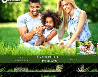 May include: A family of three, a man, a woman, and a young girl, are sitting on a grassy lawn. The man is wearing a gray shirt and the woman is wearing a denim vest. The girl is wearing a light blue shirt. The image is labeled "63 MEGAPACK GRASS PHOTO OVERLAYS Photokerim".