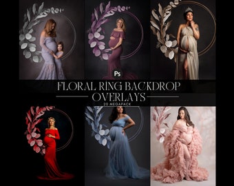 20 Flower foliage floral circle overlays, golden ring, backdrop overlays, maternity rings, art portrait photo, Digital Background, texture