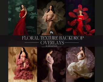 May include: A collection of 16 digital floral texture backdrop overlays for use in photo editing software. The overlays feature various floral designs in shades of pink, red, white, and green. The overlays are designed to add a touch of elegance and whimsy to photographs.