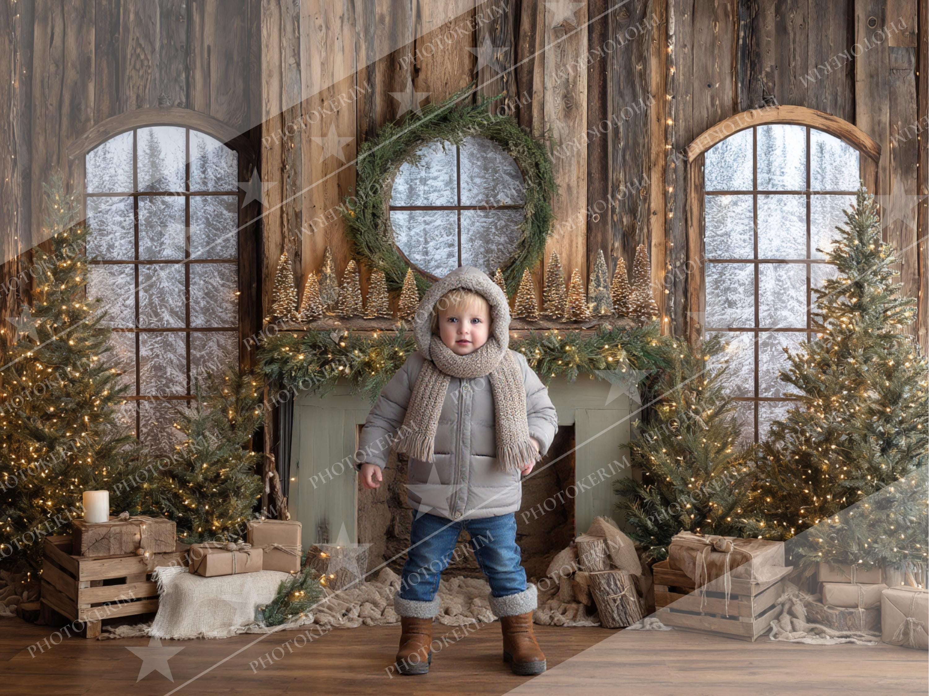 Rustic Cabin Fireplace Xmas Backdrop, Christmas Backdrop, Rustic ...