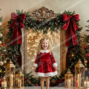 May include: A young child in a red velvet dress with white trim stands in front of a large mirror decorated with Christmas greenery and red bows. Two Christmas trees flank the mirror, adorned with ornaments and lights.