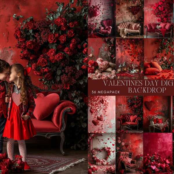 36X Valentines Red Heart Digital Backdrop Bundle, Photoshop Overlays, Maternity Portrait Backdrops, Composite Photography Digital Background