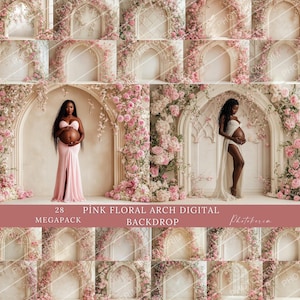 Pink Floral Arch Backdrop, Romantic Maternity Background, Rose Garden Photo Backdrop, Elegant Digital Backdrop, Floral Photography