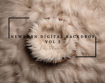 Op de afbeelding: Een lichtbruine nep-bont achtergrond met een geweven mand in het midden. De tekst "NEWBORN DIGITAL BACKDROP VOL 2 Photokerim" staat op de afbeelding.