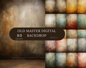May include: A digital backdrop mega pack with 80 old master style backgrounds. The backgrounds are a variety of colors and textures, including brown, red, blue, and green. The text "OLD MASTER DIGITAL 80 BACKDROP MEGAPACK" is displayed on the image.