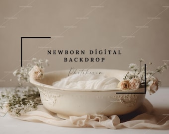Op de afbeelding: Een witte keramische kom met een decoratief ontwerp staat op een wit stoffen oppervlak. De kom is gevuld met een witte stof en witte bloemen. De tekst "NEWBORN DIGITAL BACKDROP Photokerim" wordt boven de kom weergegeven.