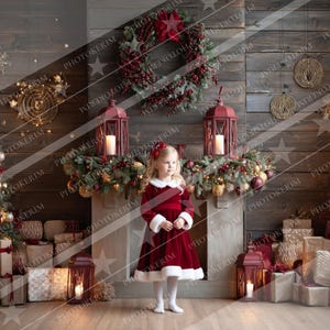 May include: A Christmas-themed scene with a decorated fireplace, two Christmas trees, and wrapped gifts. A young person in a red velvet dress with white trim stands in front of the fireplace. The scene includes red lanterns and a wreath.