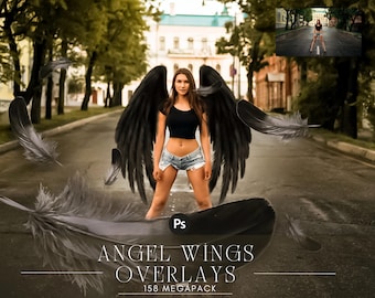 Black Angel Wings: foto-overlays voor fantasy-cosplayportretten, veren, png-bestand (png)