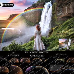 May include: A digital download of 49 rainbow photo overlays. The overlays are in a variety of colours and sizes. The image shows a woman standing in front of a waterfall with a rainbow in the background. The text "RAINBOW PHOTO OVERLAYS" is written in white letters on a black background.