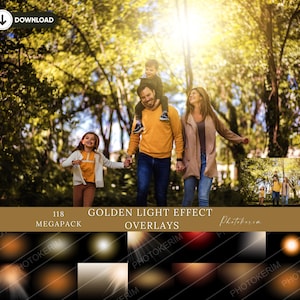 Efekt złotego światła: nakładki na zdjęcia do retuszu ślubnego i portretowego, światło złotej godziny (PNG)