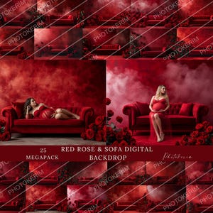 Red Rose Sofa Backdrop, Romantic Floral Background, Maternity Photo Prop, Luxury Red Digital Backdrop, Elegant Rose Wall, Red Couch Scene